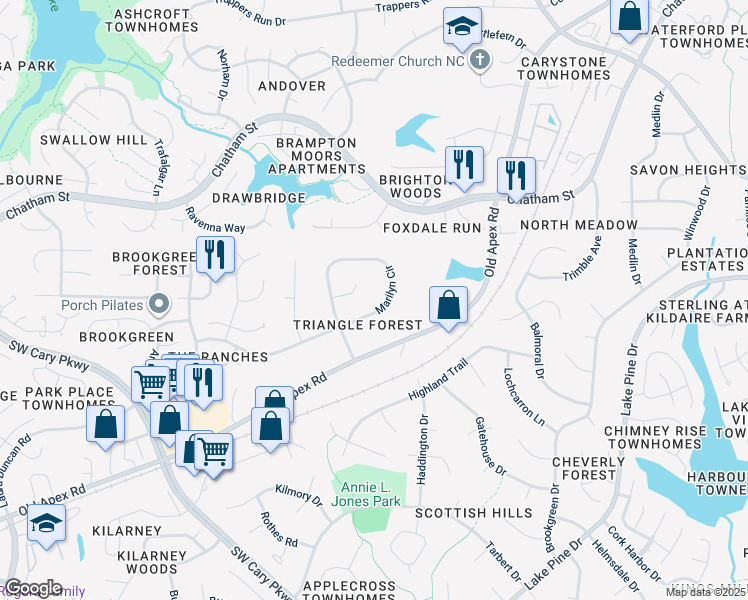 map of restaurants, bars, coffee shops, grocery stores, and more near 250 Marilyn Circle in Cary