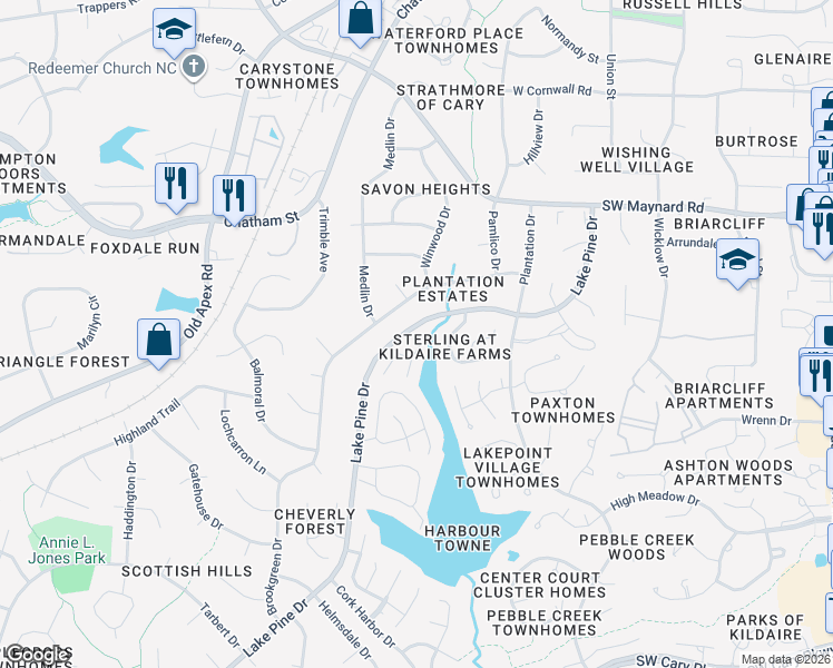 map of restaurants, bars, coffee shops, grocery stores, and more near 207 Cape Cod Drive in Cary