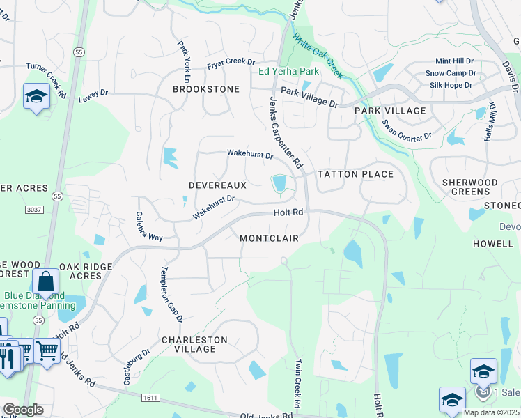 map of restaurants, bars, coffee shops, grocery stores, and more near 617 Wakehurst Drive in Cary