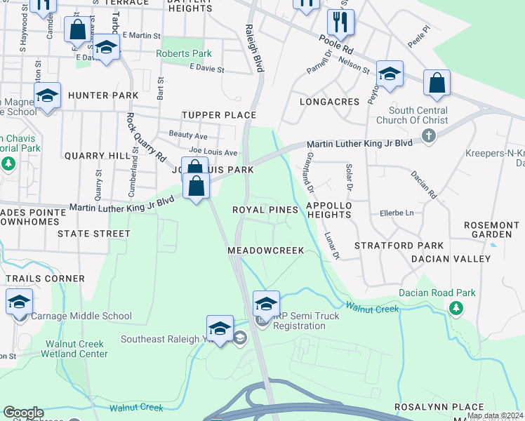 map of restaurants, bars, coffee shops, grocery stores, and more near 601 Raleigh Boulevard in Raleigh