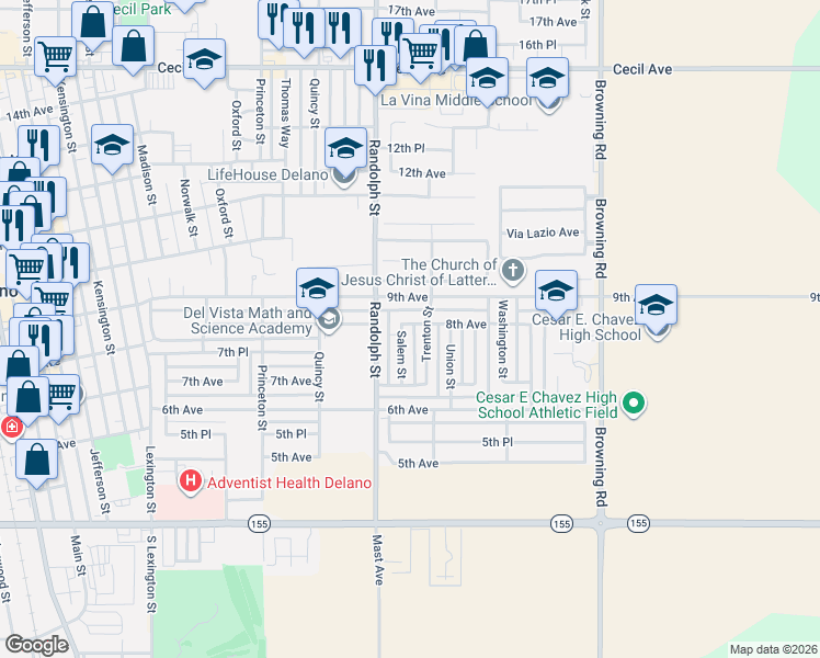 map of restaurants, bars, coffee shops, grocery stores, and more near 734 Salem Street in Delano