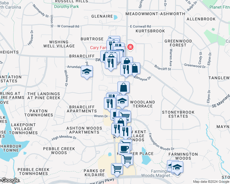 map of restaurants, bars, coffee shops, grocery stores, and more near 111 Commonwealth Court in Cary
