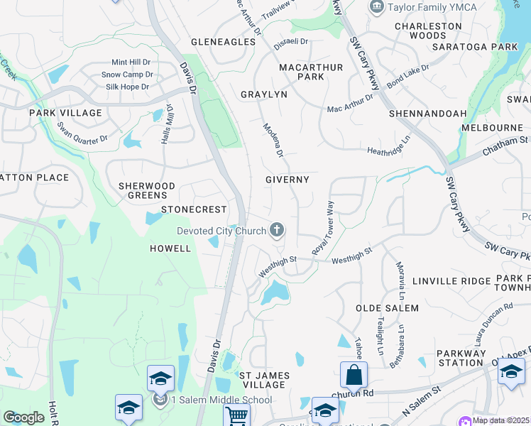 map of restaurants, bars, coffee shops, grocery stores, and more near 101 Ve Theyl Lane in Cary