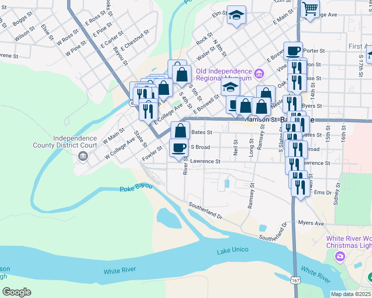 map of restaurants, bars, coffee shops, grocery stores, and more near 406 South Broad in Batesville
