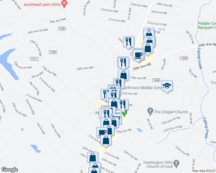 map of restaurants, bars, coffee shops, grocery stores, and more near 2705 North Center Street in Hickory