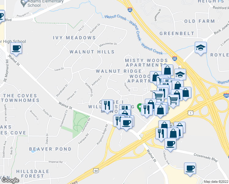 map of restaurants, bars, coffee shops, grocery stores, and more near 1110 Nottingham Circle in Cary