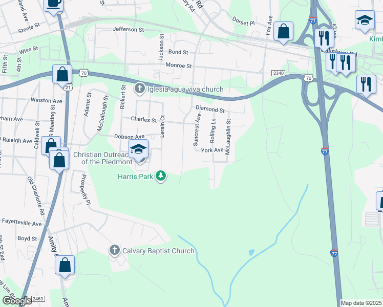 map of restaurants, bars, coffee shops, grocery stores, and more near 1258 Suncrest Avenue in Statesville
