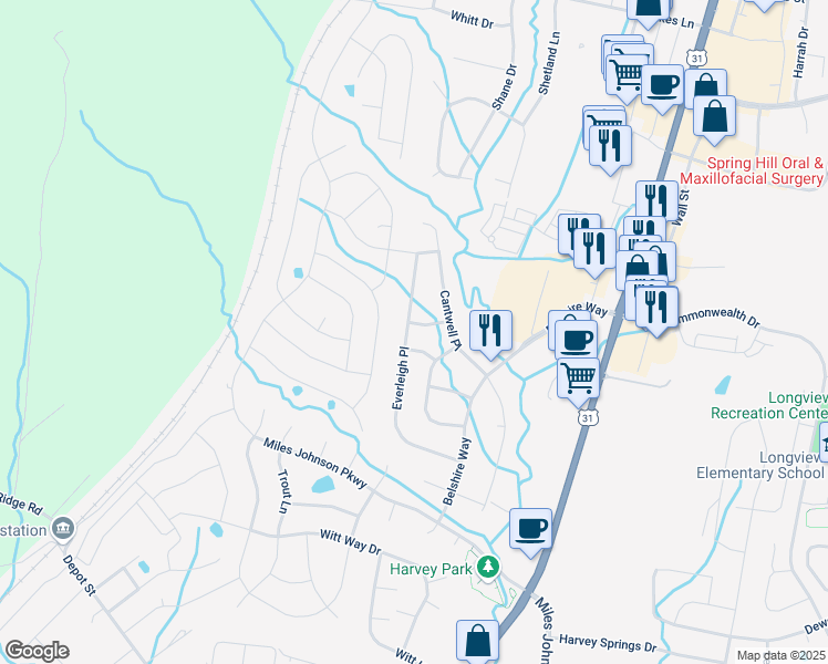 map of restaurants, bars, coffee shops, grocery stores, and more near 5007 Pinhill Pass in Spring Hill