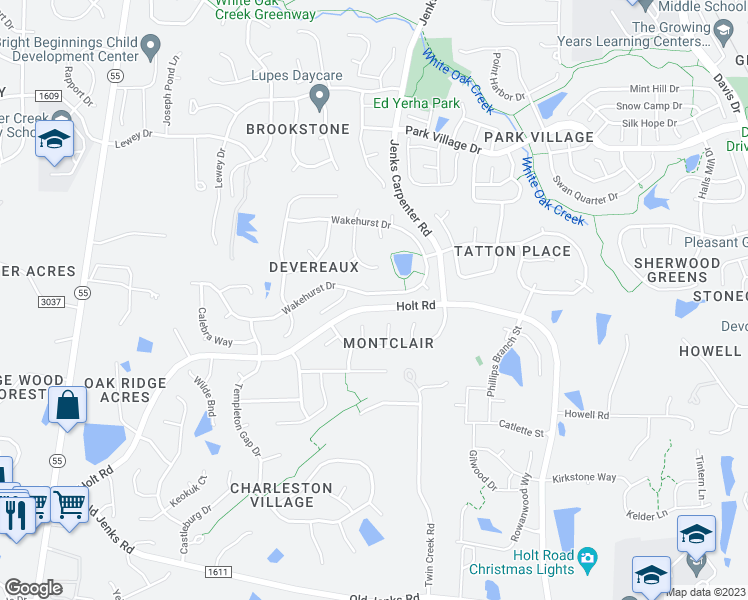 map of restaurants, bars, coffee shops, grocery stores, and more near 617 Wakehurst Drive in Cary