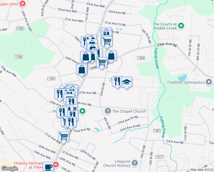 map of restaurants, bars, coffee shops, grocery stores, and more near 2766 2nd Street Northeast in Hickory