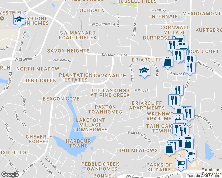 map of restaurants, bars, coffee shops, grocery stores, and more near 217 Harbor Creek Drive in Cary