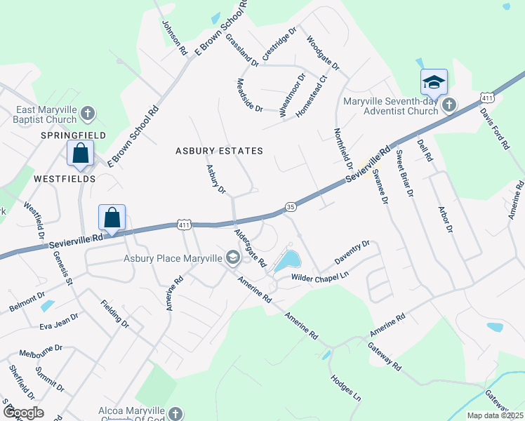 map of restaurants, bars, coffee shops, grocery stores, and more near 2655 Sevierville Road in Maryville