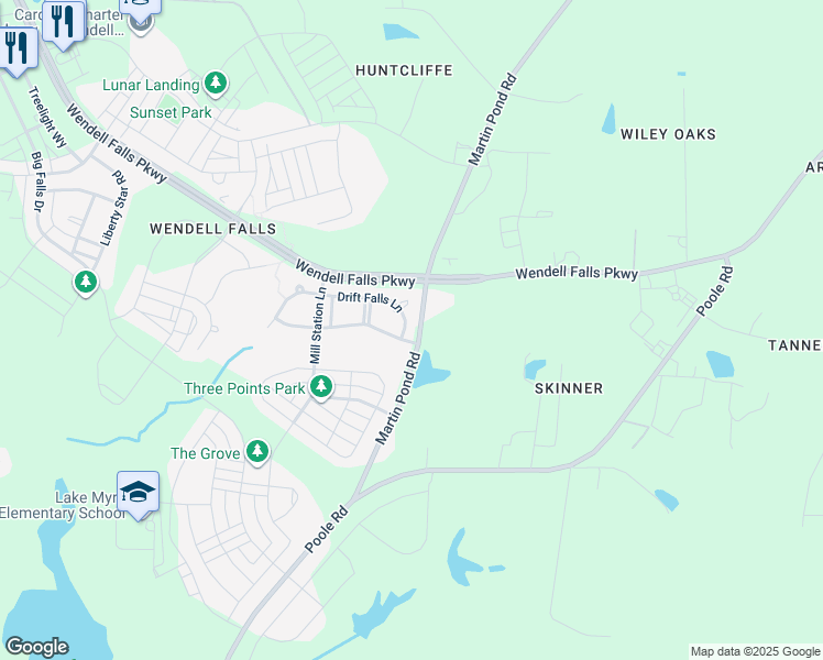 map of restaurants, bars, coffee shops, grocery stores, and more near 1504 Drift Falls Lane in Wendell
