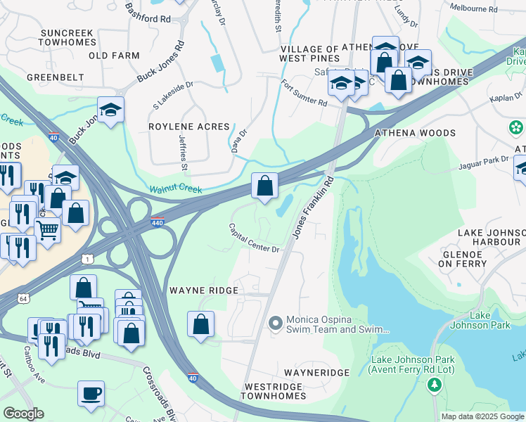 map of restaurants, bars, coffee shops, grocery stores, and more near 5511 Capital Center Drive in Raleigh