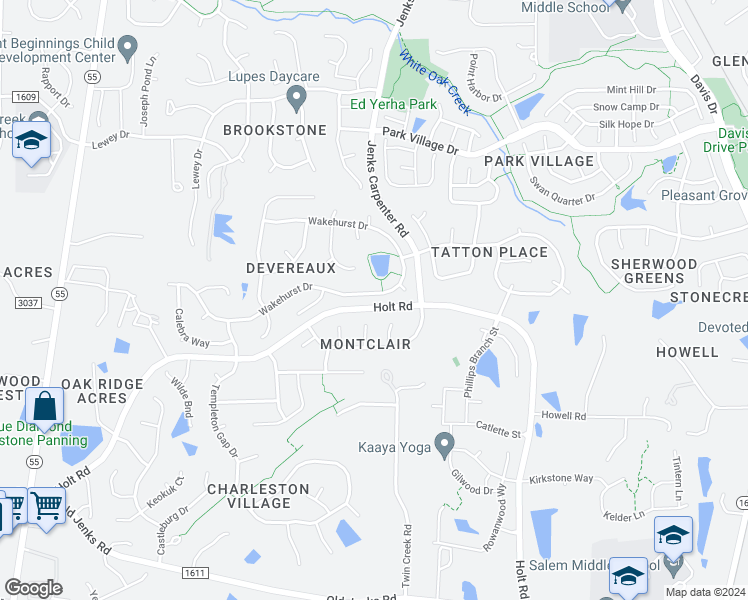 map of restaurants, bars, coffee shops, grocery stores, and more near 609 Wakehurst Drive in Cary