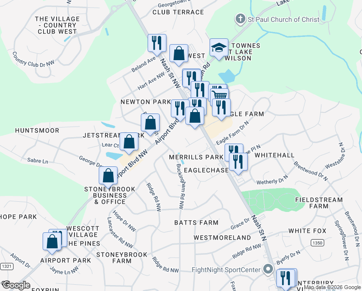 map of restaurants, bars, coffee shops, grocery stores, and more near 3618 Eagle Point Lane Northwest in Wilson