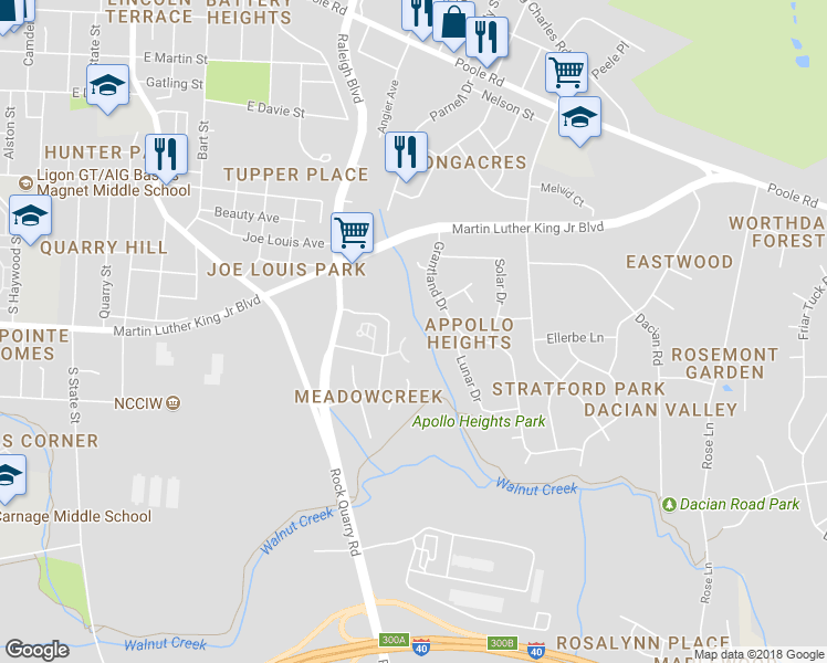 map of restaurants, bars, coffee shops, grocery stores, and more near 1650 Royal Pines Drive in Raleigh