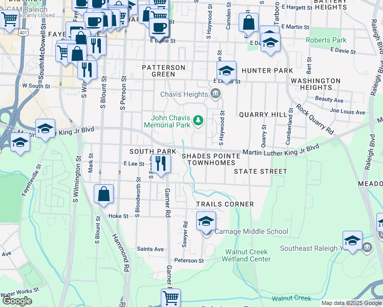 map of restaurants, bars, coffee shops, grocery stores, and more near 510 Martin Luther King Junior Boulevard in Raleigh