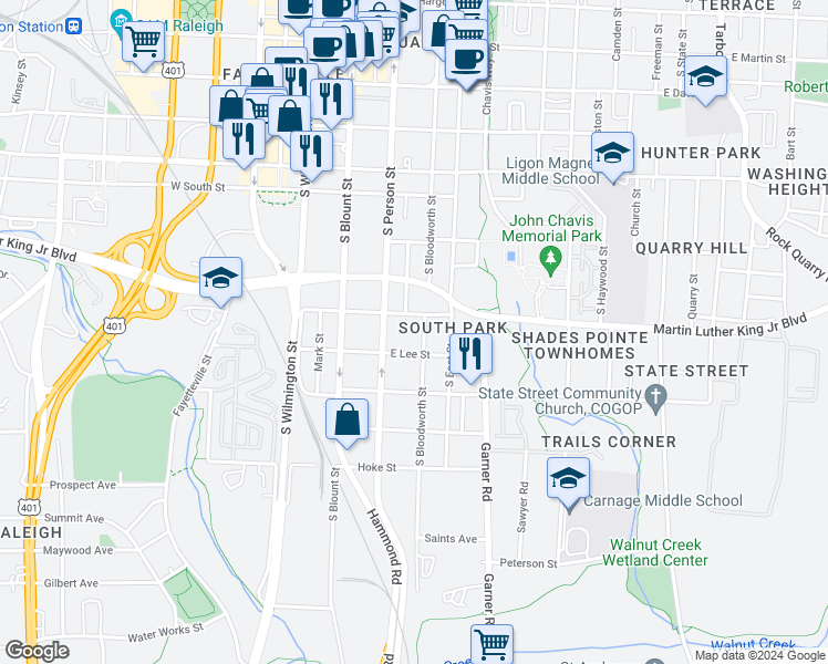 map of restaurants, bars, coffee shops, grocery stores, and more near 916 South Bloodworth Street in Raleigh