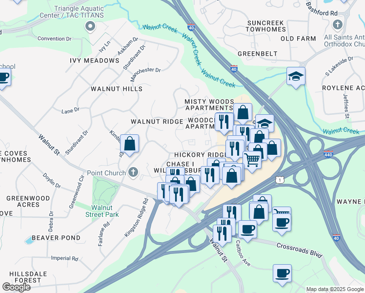 map of restaurants, bars, coffee shops, grocery stores, and more near in Cary