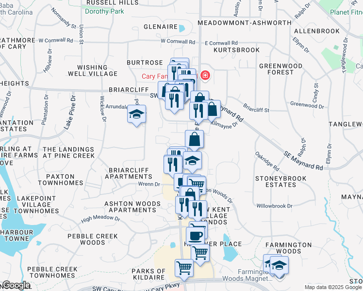 map of restaurants, bars, coffee shops, grocery stores, and more near in Cary