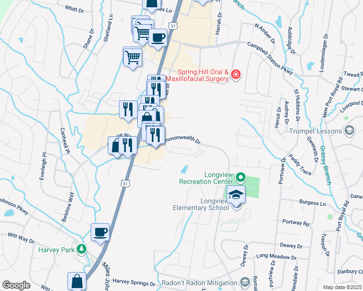 map of restaurants, bars, coffee shops, grocery stores, and more near 401 Oldbury Lane in Spring Hill