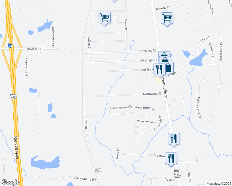 map of restaurants, bars, coffee shops, grocery stores, and more near 326 Northwood Drive in Asheboro