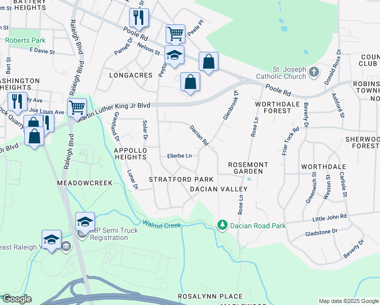 map of restaurants, bars, coffee shops, grocery stores, and more near 2421 Ellerbe Lane in Raleigh