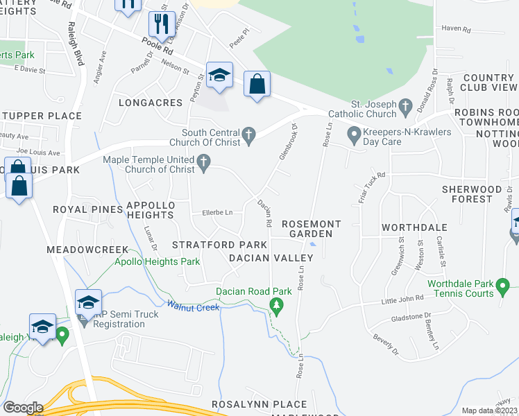 map of restaurants, bars, coffee shops, grocery stores, and more near 452 Dacian Road in Raleigh