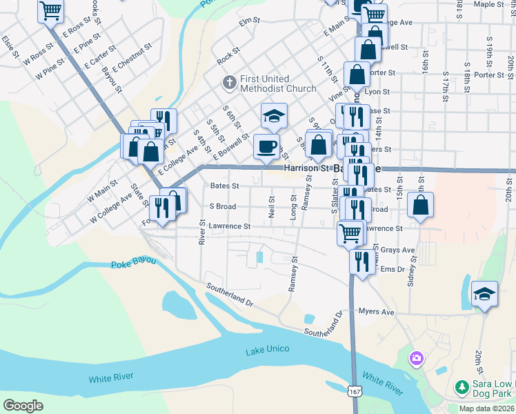 map of restaurants, bars, coffee shops, grocery stores, and more near 670 S Broad in Batesville