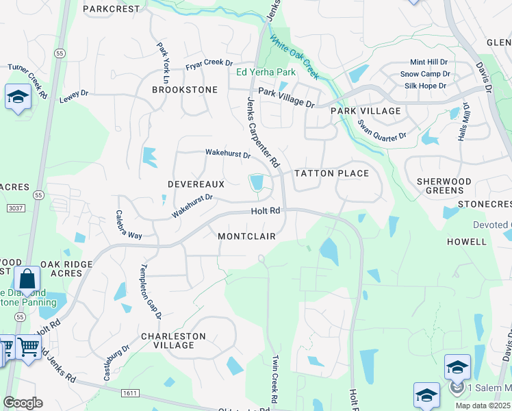 map of restaurants, bars, coffee shops, grocery stores, and more near 607 Wakehurst Drive in Cary