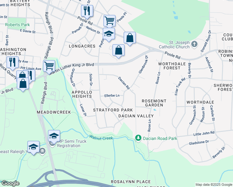 map of restaurants, bars, coffee shops, grocery stores, and more near 2417 Ellerbe Lane in Raleigh