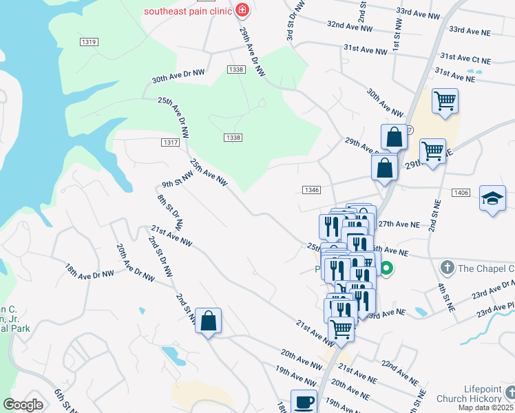 map of restaurants, bars, coffee shops, grocery stores, and more near 270 25th Avenue Northwest in Hickory
