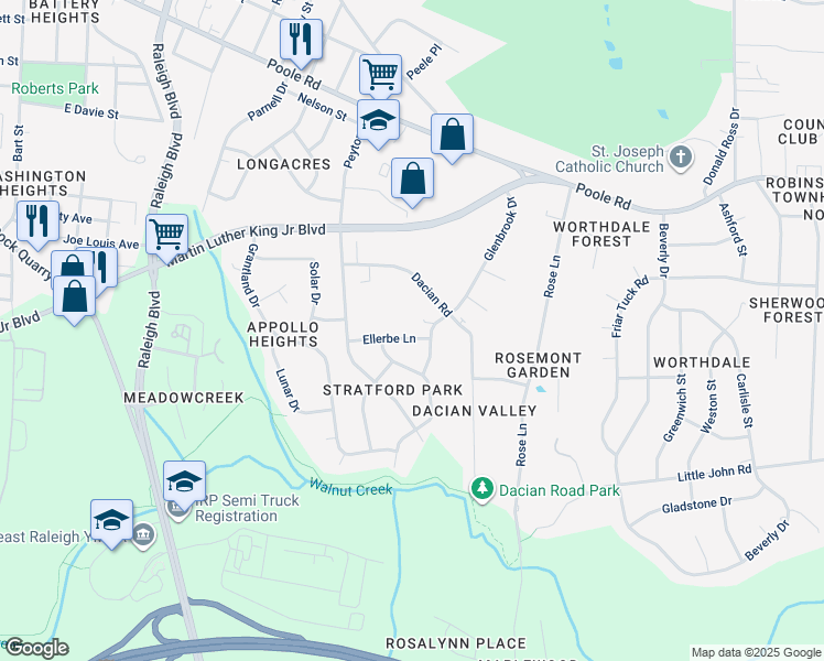 map of restaurants, bars, coffee shops, grocery stores, and more near 2421 Ellerbe Lane in Raleigh