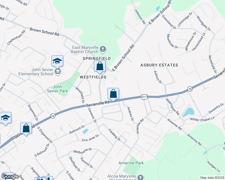 map of restaurants, bars, coffee shops, grocery stores, and more near 227 Covington Lane in Maryville