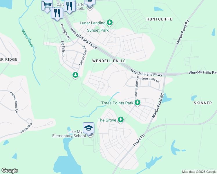 map of restaurants, bars, coffee shops, grocery stores, and more near 1728 Iron Mill Drive in Wendell