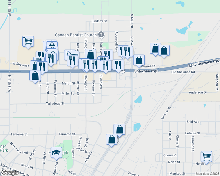 map of restaurants, bars, coffee shops, grocery stores, and more near 311 Douglas Street in Muskogee