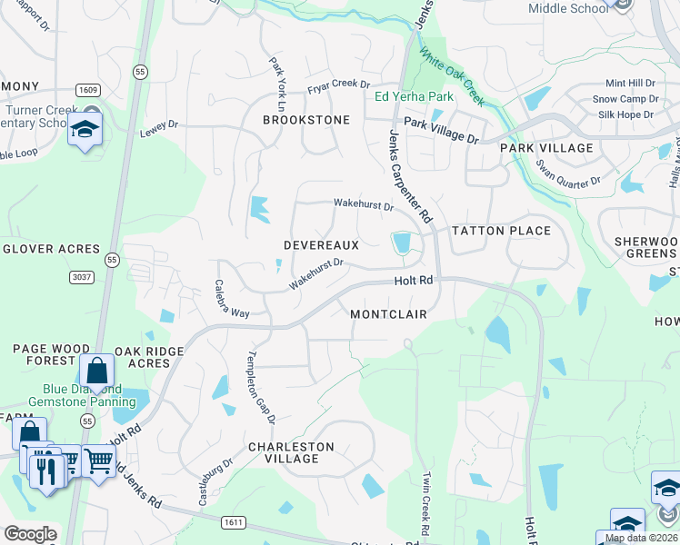 map of restaurants, bars, coffee shops, grocery stores, and more near 110 Whitehaven Lane in Cary