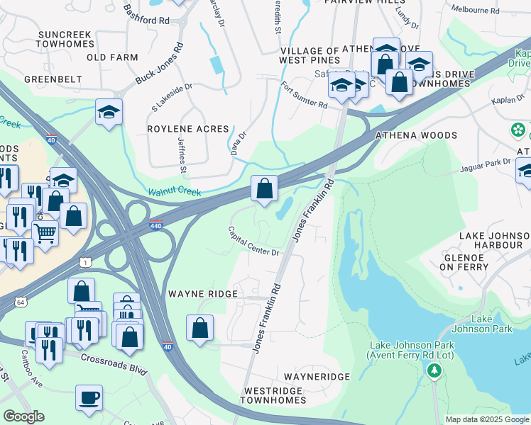 map of restaurants, bars, coffee shops, grocery stores, and more near 5511 Capital Center Drive in Raleigh