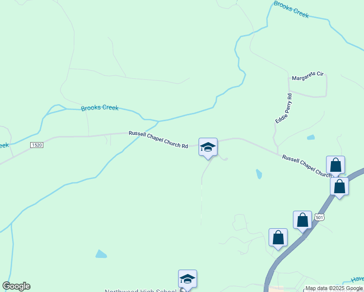 map of restaurants, bars, coffee shops, grocery stores, and more near State Road 1520 in Pittsboro