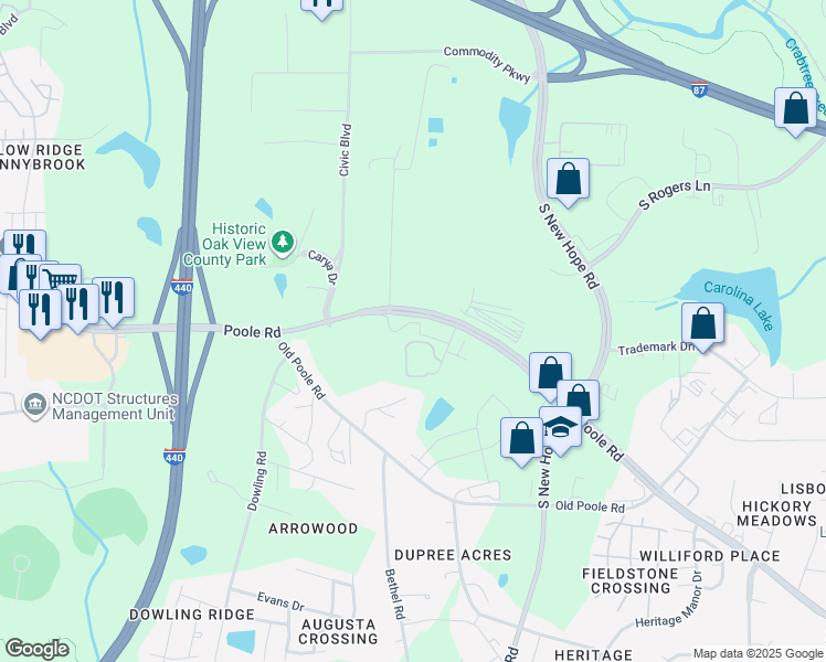 map of restaurants, bars, coffee shops, grocery stores, and more near 4104 Poole Road in Raleigh