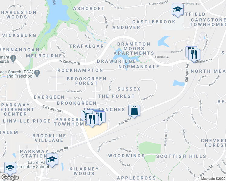 map of restaurants, bars, coffee shops, grocery stores, and more near 103 Mariposa Drive in Cary