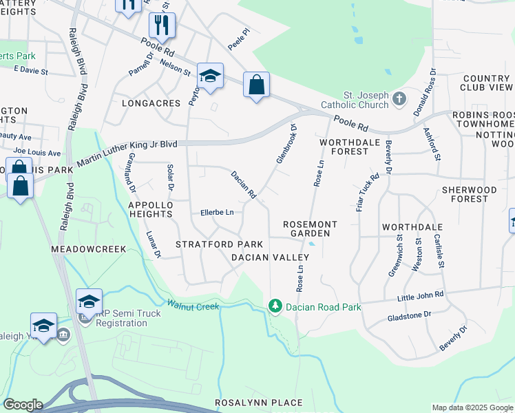 map of restaurants, bars, coffee shops, grocery stores, and more near 627 Glenbrook Drive in Raleigh