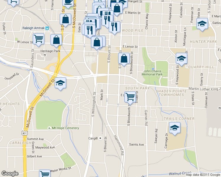 map of restaurants, bars, coffee shops, grocery stores, and more near 1012 South Person Street in Raleigh