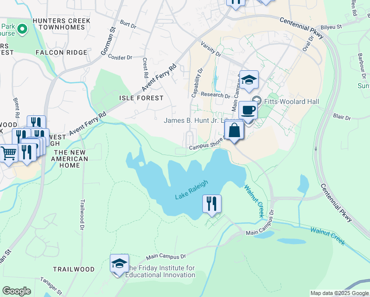 map of restaurants, bars, coffee shops, grocery stores, and more near 1230 Capability Drive in Raleigh