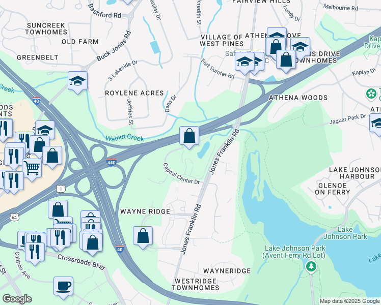 map of restaurants, bars, coffee shops, grocery stores, and more near 5511 Capital Center Drive in Raleigh