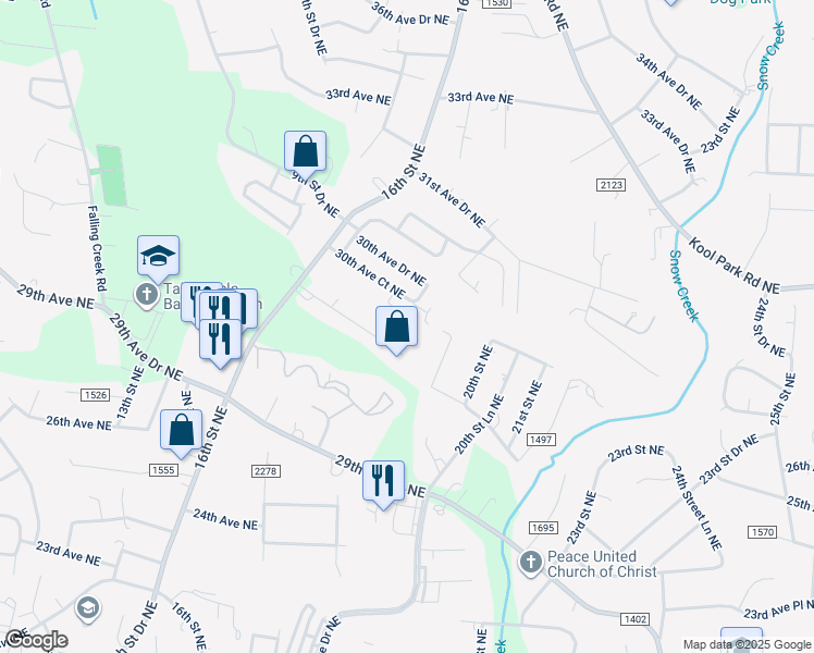 map of restaurants, bars, coffee shops, grocery stores, and more near 1730 30th Avenue Place Northeast in Hickory