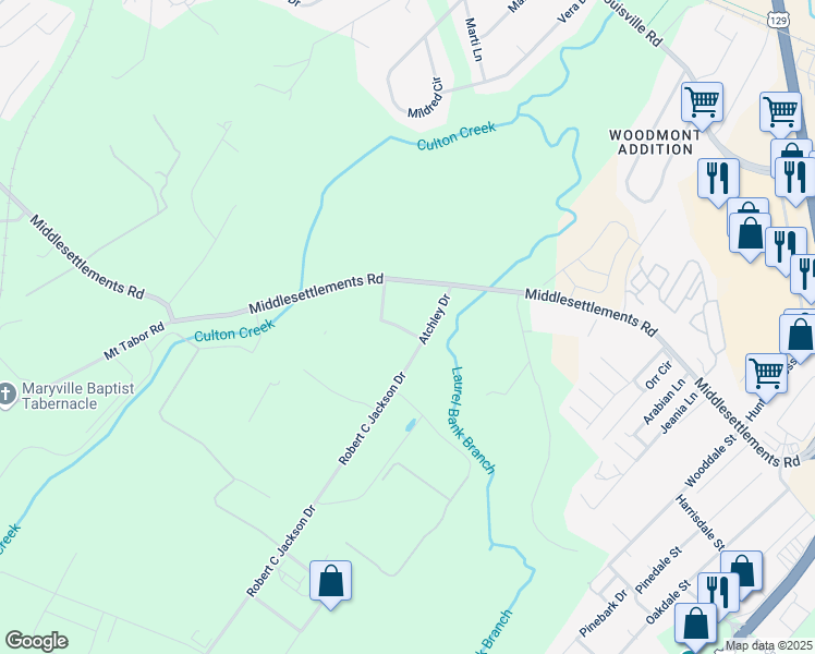 map of restaurants, bars, coffee shops, grocery stores, and more near 107 Stone Tree Drive in Maryville