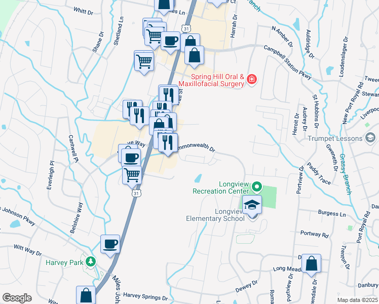 map of restaurants, bars, coffee shops, grocery stores, and more near 101 Padstone Pvt Lane in Spring Hill