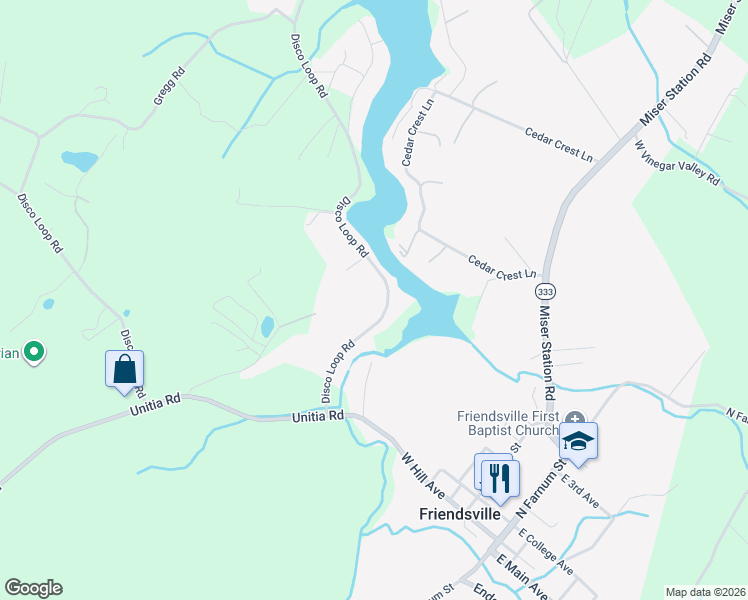 map of restaurants, bars, coffee shops, grocery stores, and more near 205 Disco Loop Road in Friendsville